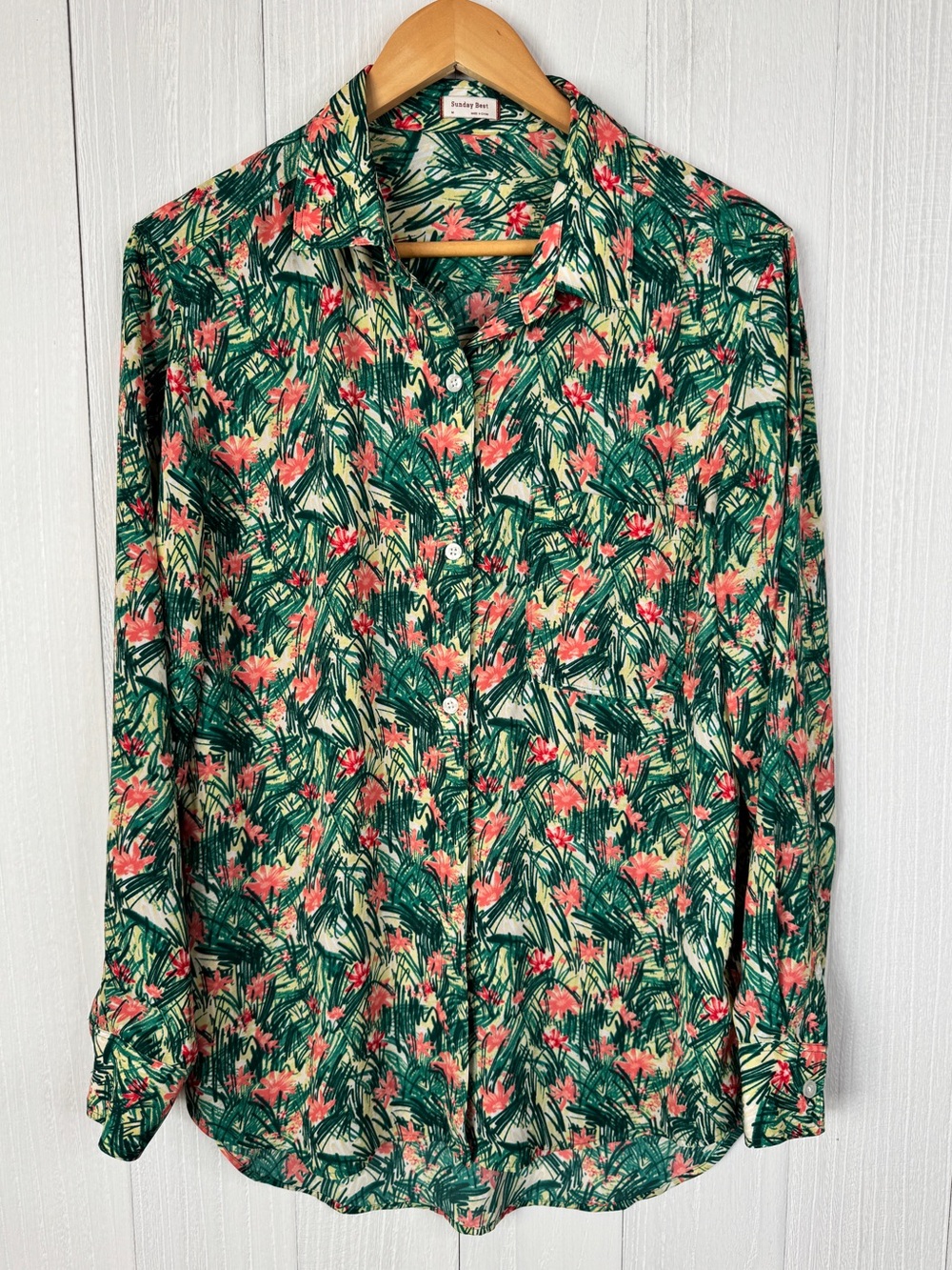Sunday Best Aritzia long-sleeve button-down shirt | tropical floral